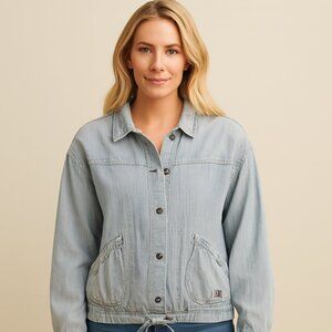 Maugin Made in France Women's Vintage Y2K Light Blue Crinkly Cotton Denim Jacket